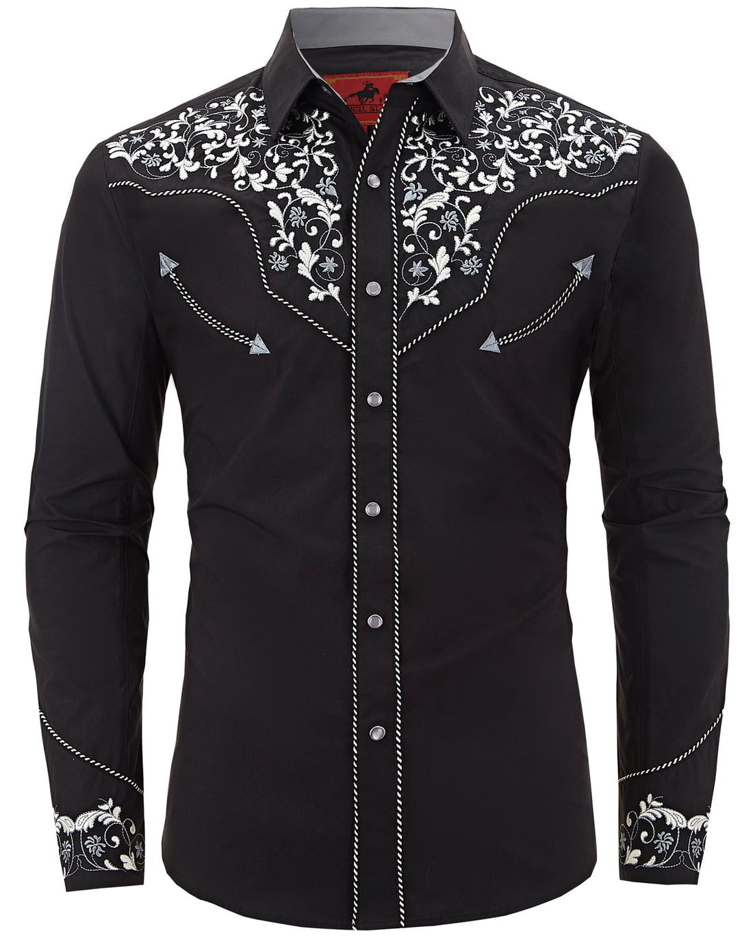 Black and white floral embroidered men's western pearl snap shirt - front view