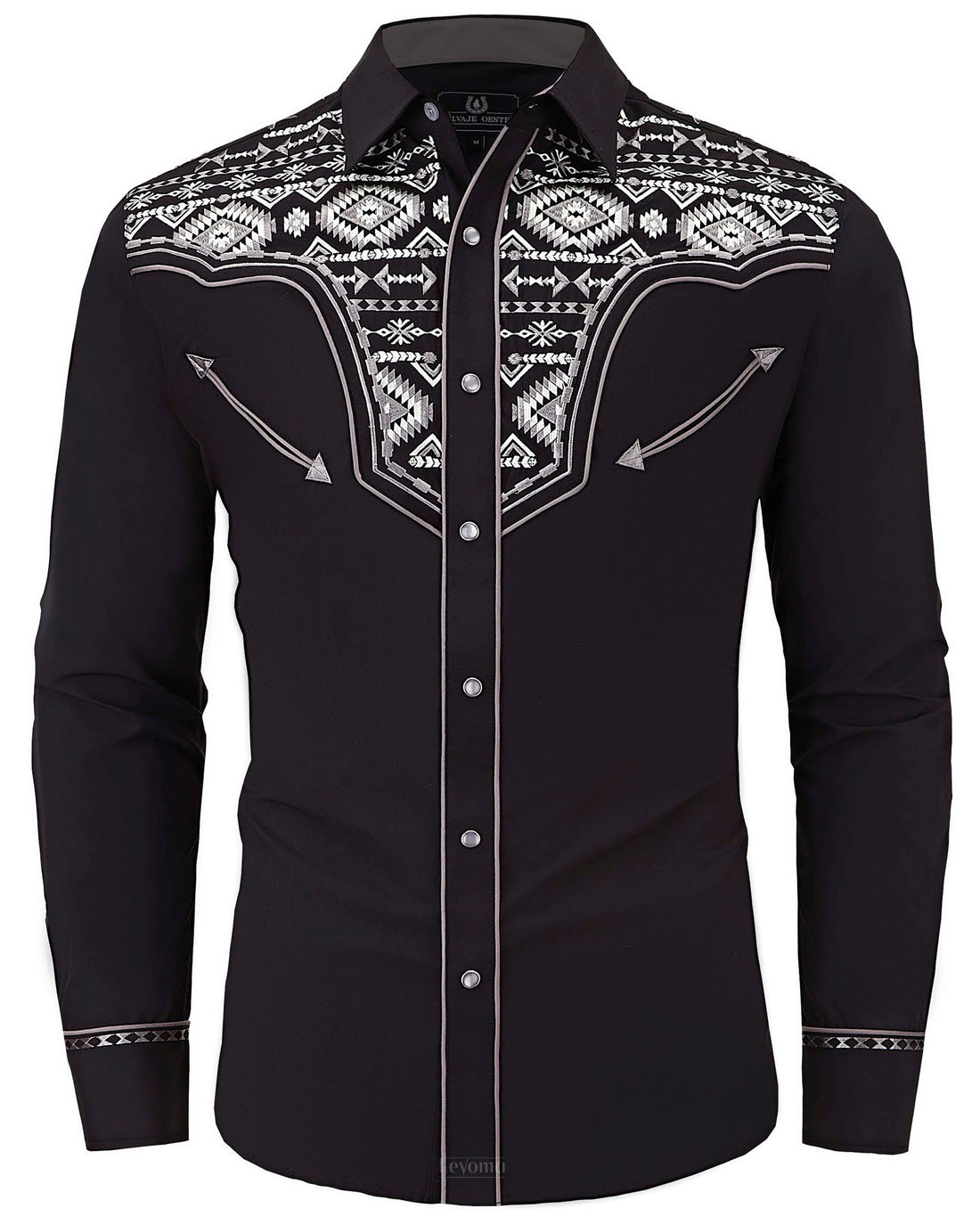 Black and white Aztec embroidered men's western pearl snap shirt - front view