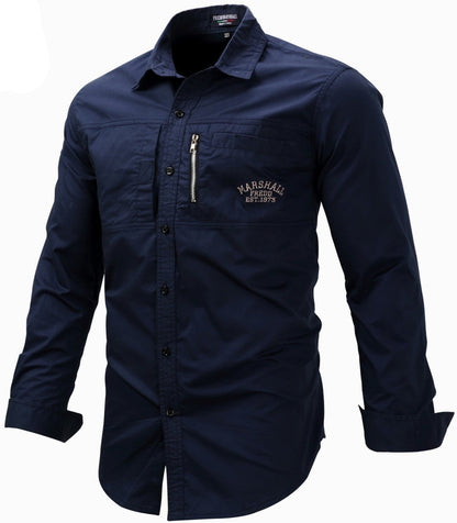 Men's Cotton Long Sleeve Single-Zip Button Down Shirt