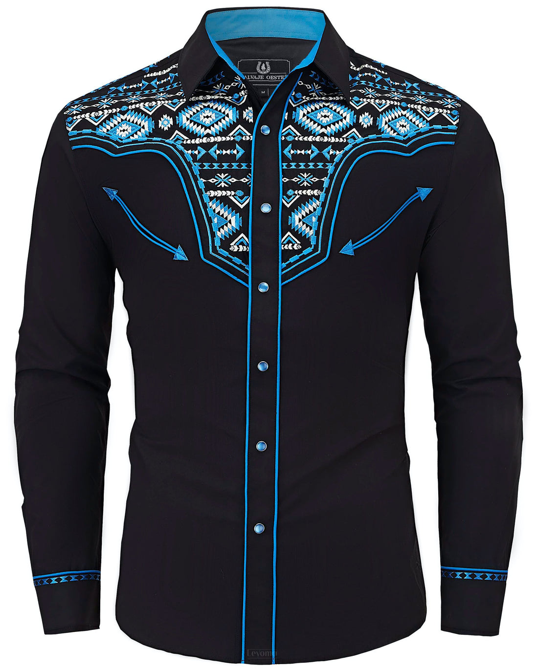 Black and blue floral embroidered men's western pearl snap shirt - front view