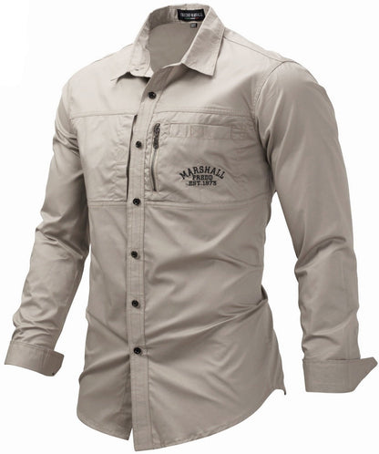 Men's Cotton Long Sleeve Single-Zip Button Down Shirt