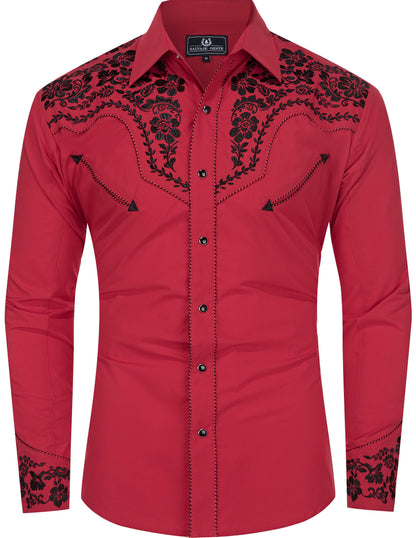 Leyoma Red Wrangler Mens Embroidered Western Button Up Shirt - Front