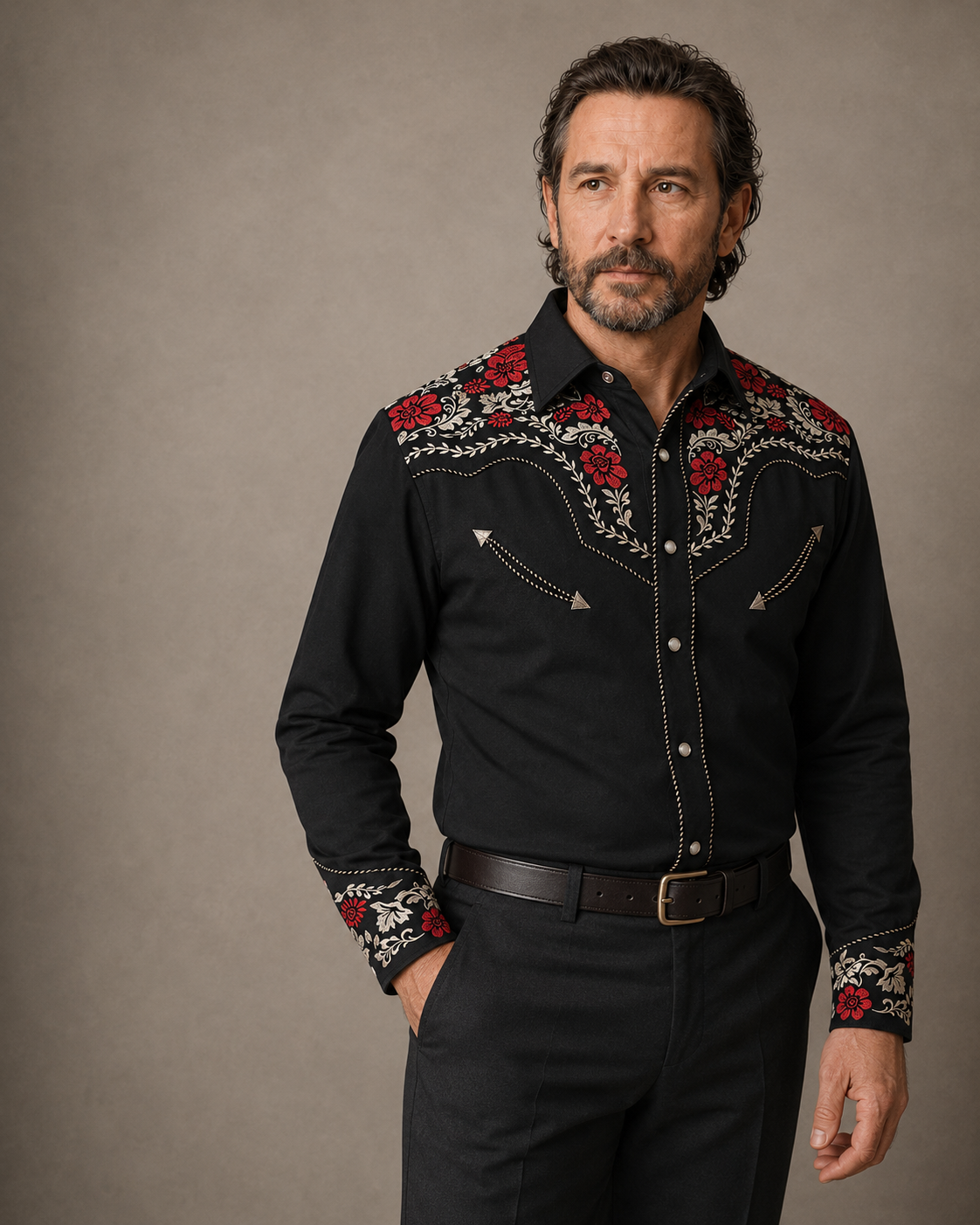 Black, red and white floral embroidered men's western pearl snap shirt - front portrait on model