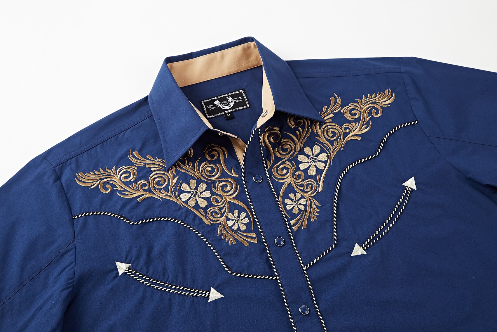 Men's Western Dress Shirt Dark Blue with Gold Embroidery Collared Long