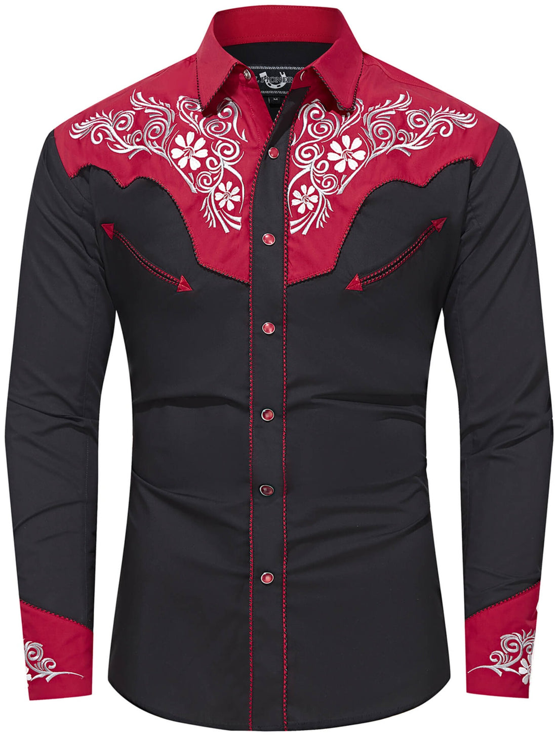 Black and red floral embroidered men's western pearl snap shirt - front view