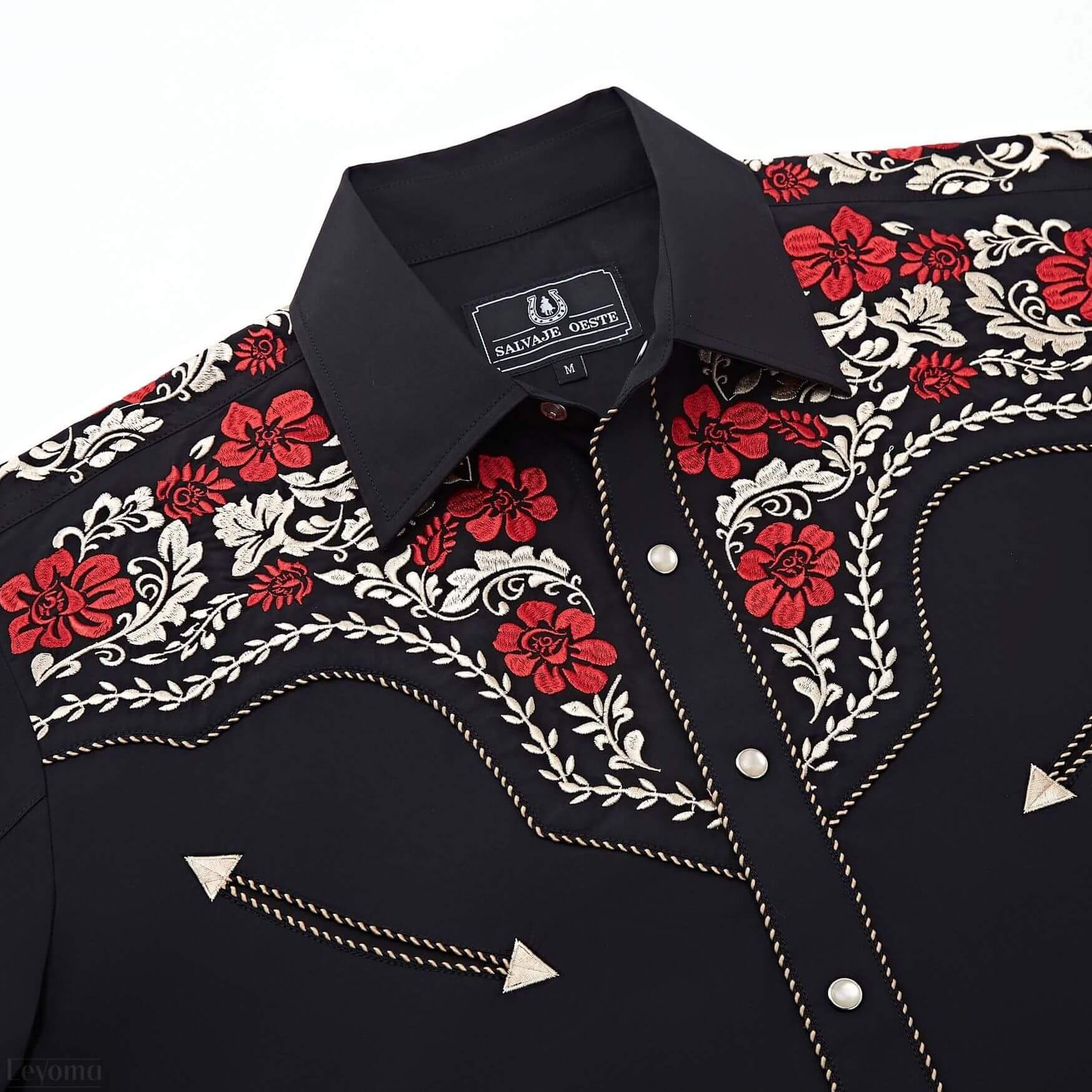 SALVAJE OESTE Men's Western Cowboy Shirt - Embroidered Rose Design, Snap Buttons, Black-Yellow, Medium