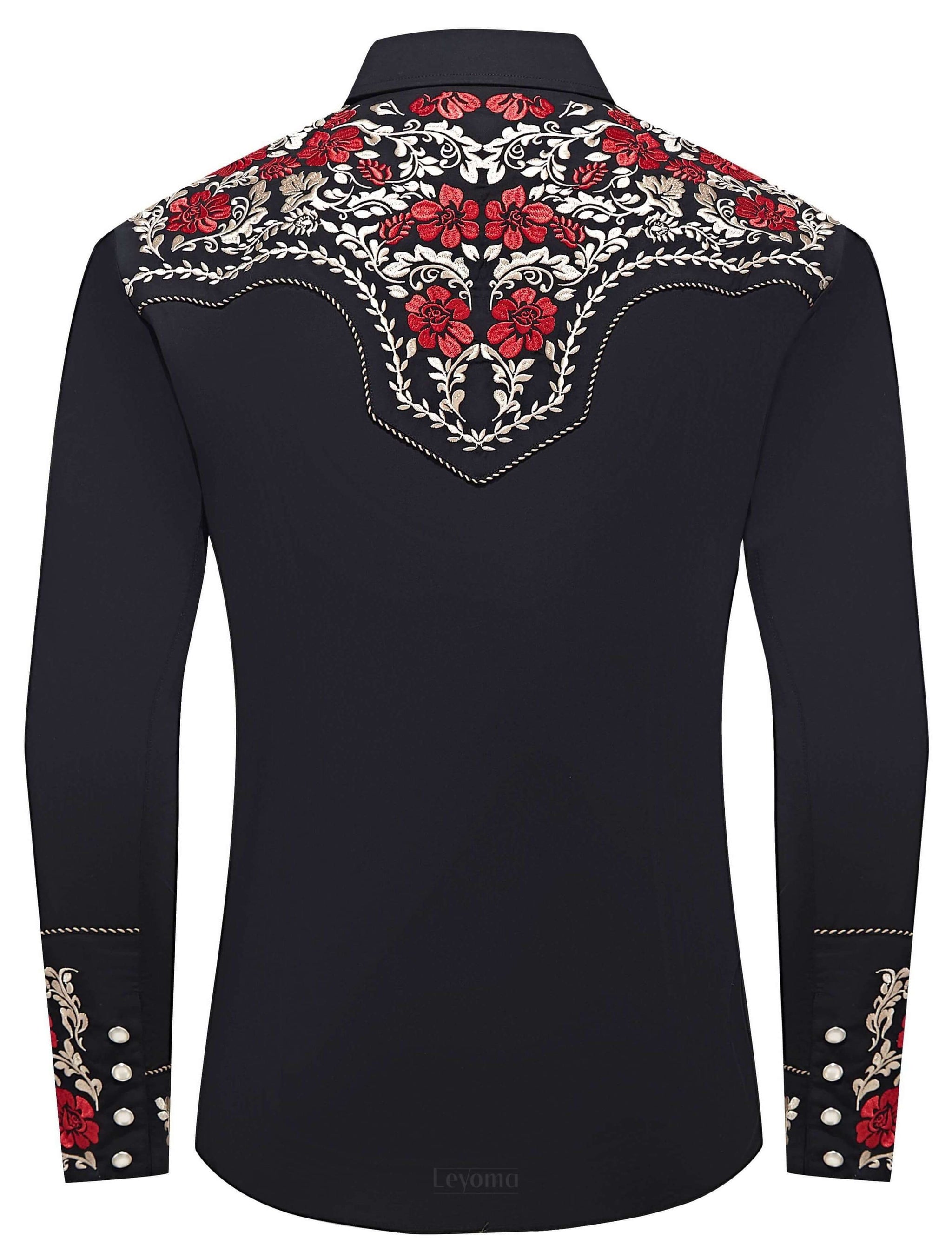 Men's Western Embroidered Black Dress Shirt with Pearl Snaps – Leyoma