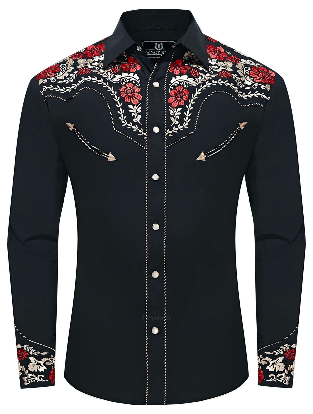 Black, red and white floral embroidered men's western pearl snap shirt - front view