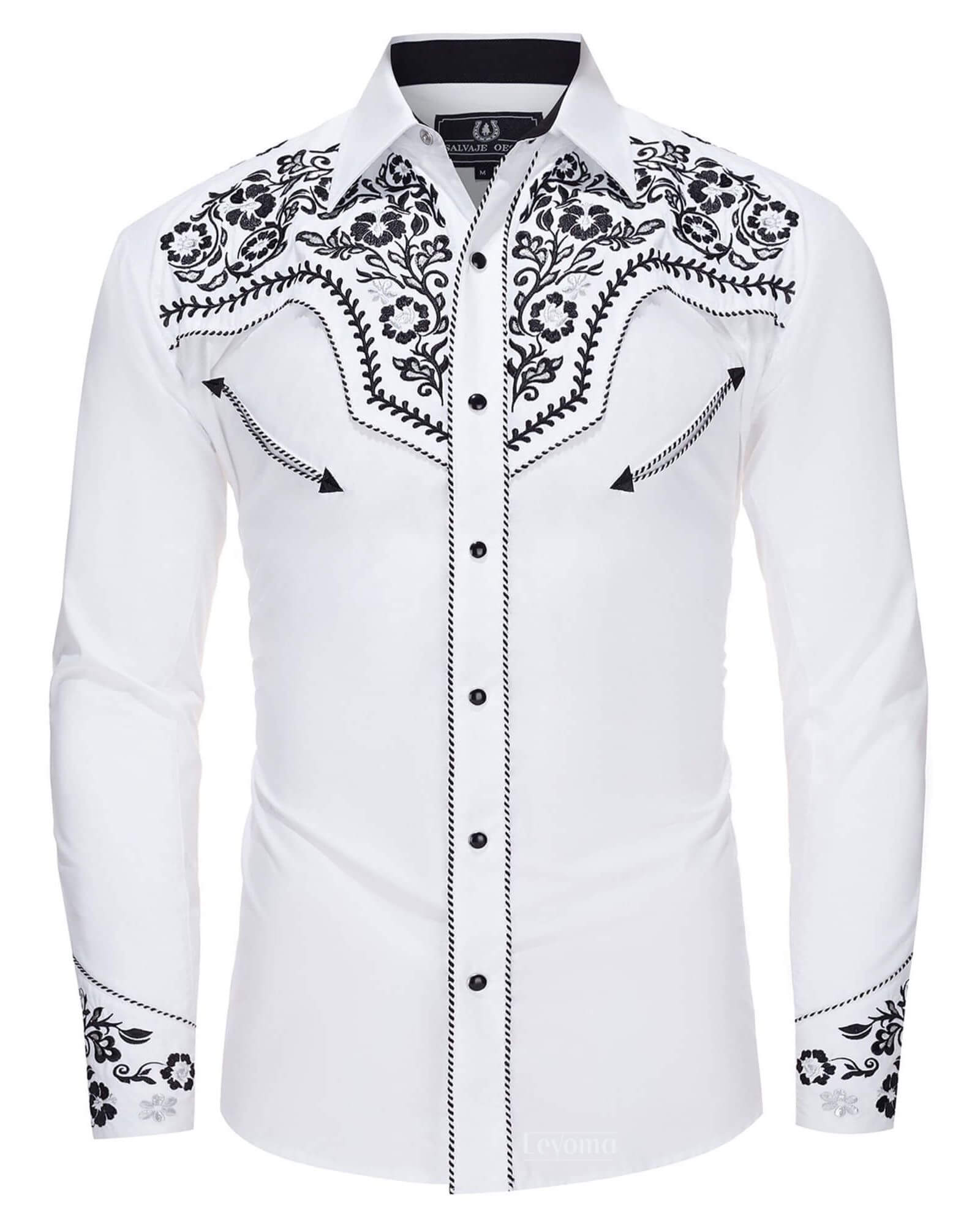 Leyoma Men's Embroidered Western Button Up Shirt Clean-Cut White Salvaje Oeste Full Front