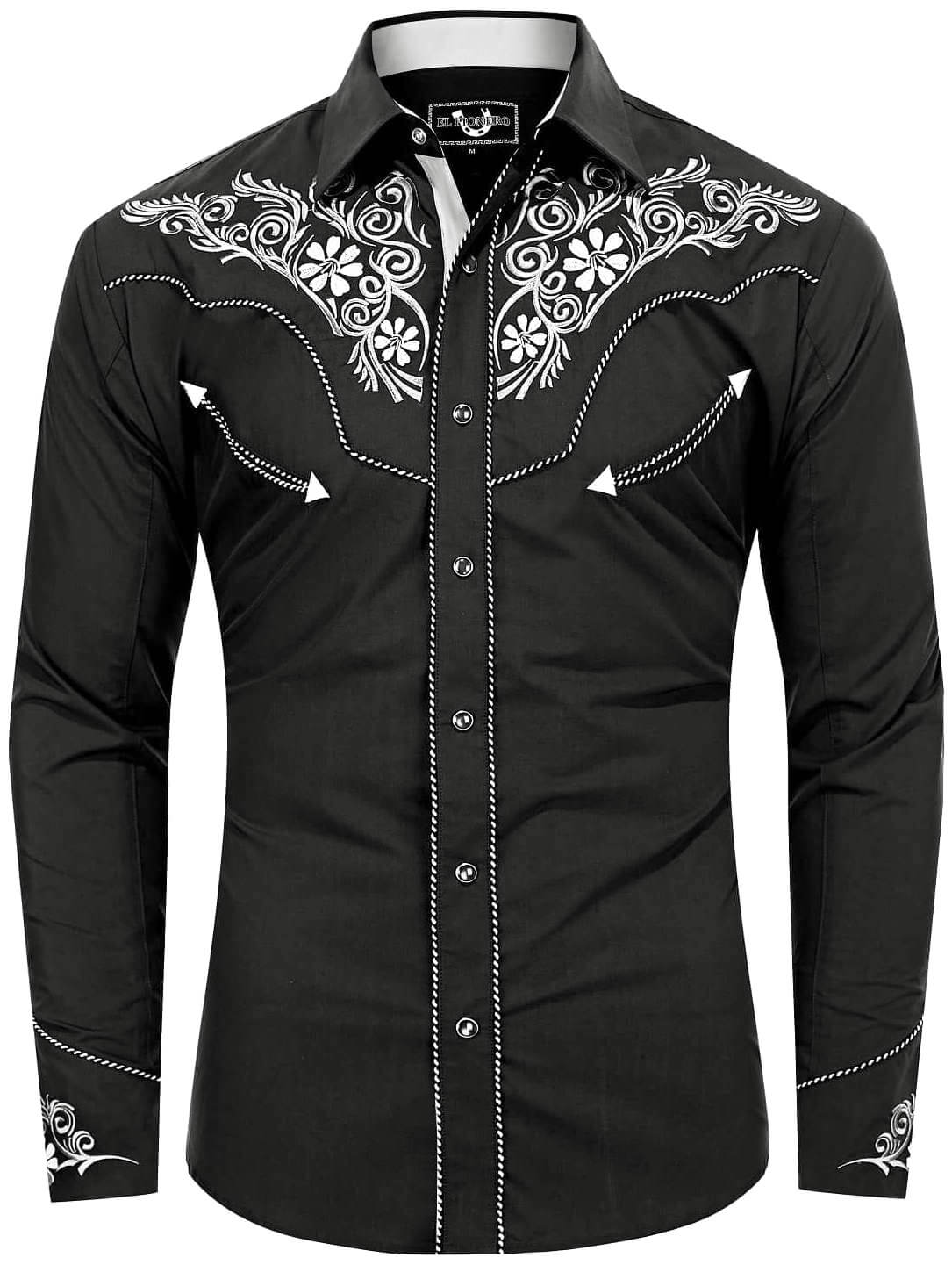 Black and silver floral embroidered men's western pearl snap shirt - front view