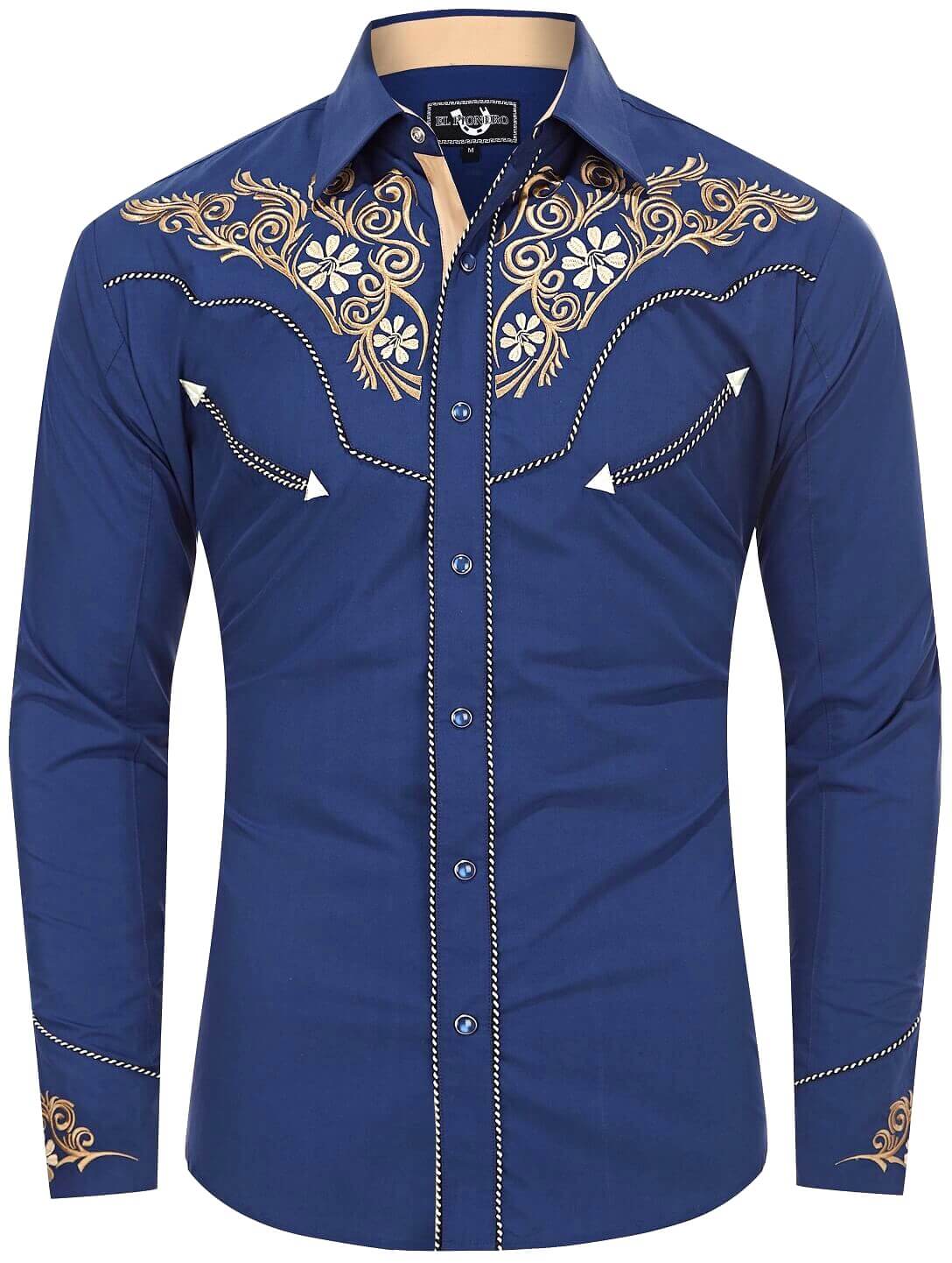 Blue floral embroidered men's western pearl snap shirt - front view