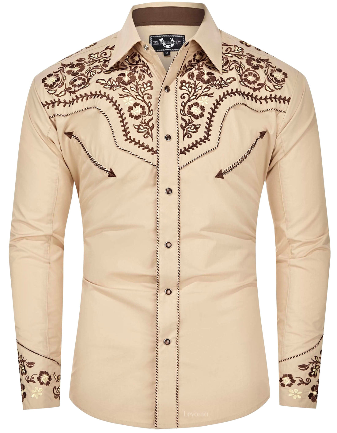 Beige floral embroidered men's western pearl snap shirt - front view