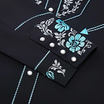 Leyoma Men's Embroidered Western Button Up Shirt Golfo de México Salvaje Oeste Cuff and Snaps Embroidery Detail, X003UZEBNP-31-black-aqua-S, X003UZDV81-31-black-aqua-M, X003UZ878Z-31-black-aqua-L, X003UZE7N9-31-black-aqua-XL, X003UZ6U1V-31-black-aqua-XXL, X003UZEBXF-31-black-aqua-3XL