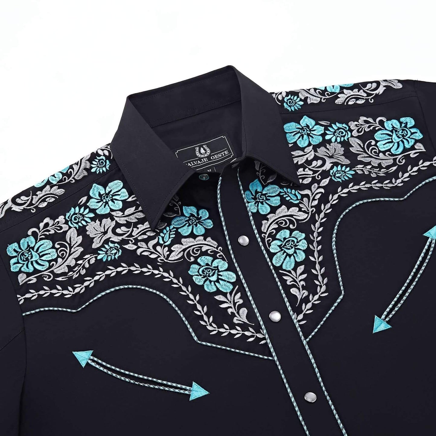 Leyoma Men's Embroidered Western Button Up Shirt Golfo de México Salvaje Oeste Front Yoke Embroidery Detail, X003UZEBNP-31-black-aqua-S, X003UZDV81-31-black-aqua-M, X003UZ878Z-31-black-aqua-L, X003UZE7N9-31-black-aqua-XL, X003UZ6U1V-31-black-aqua-XXL, X003UZEBXF-31-black-aqua-3XL