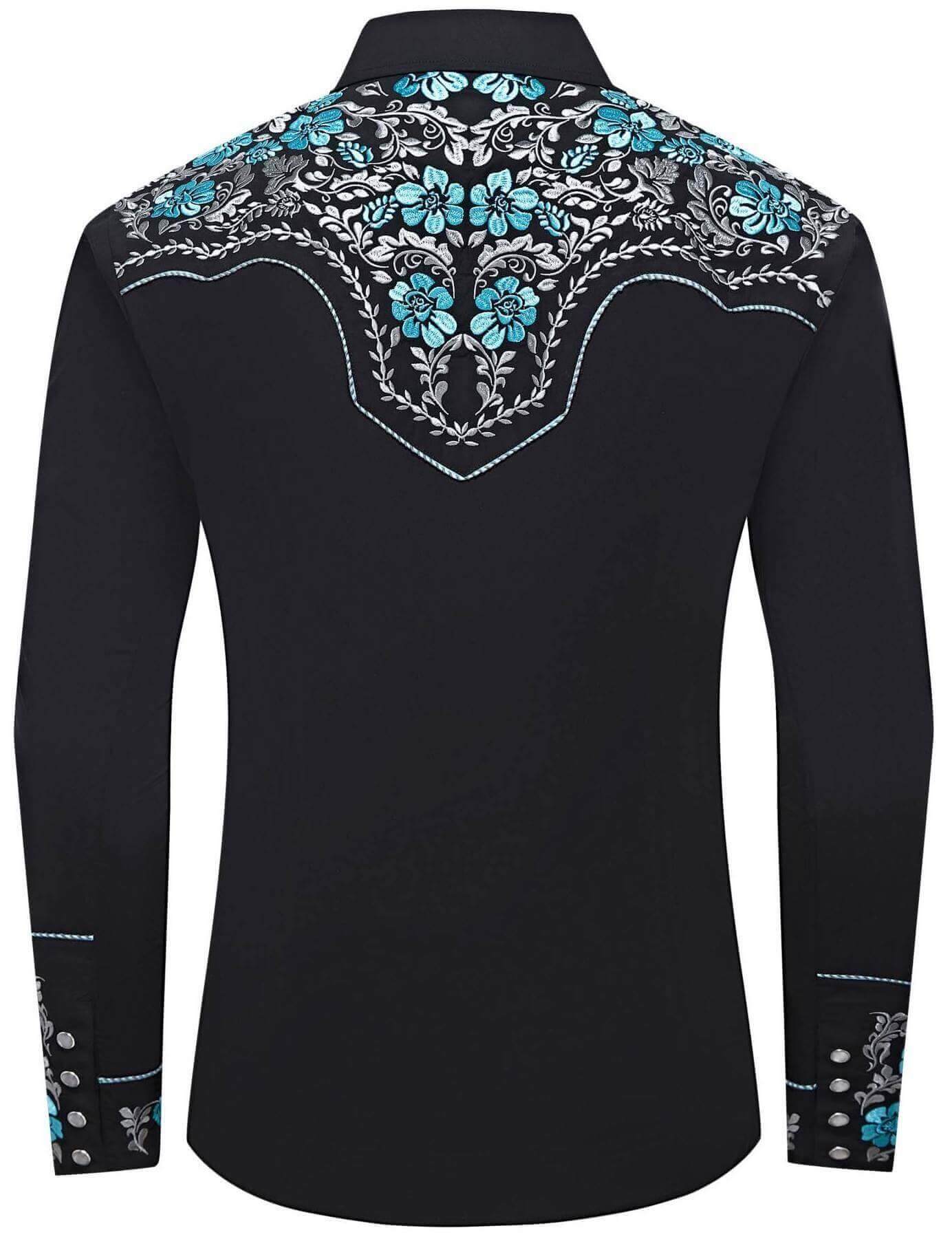 Leyoma Men's Embroidered Western Button Up Shirt Golfo de México Salvaje Oeste Full Back, X003UZEBNP-31-black-aqua-S, X003UZDV81-31-black-aqua-M, X003UZ878Z-31-black-aqua-L, X003UZE7N9-31-black-aqua-XL, X003UZ6U1V-31-black-aqua-XXL, X003UZEBXF-31-black-aqua-3XL