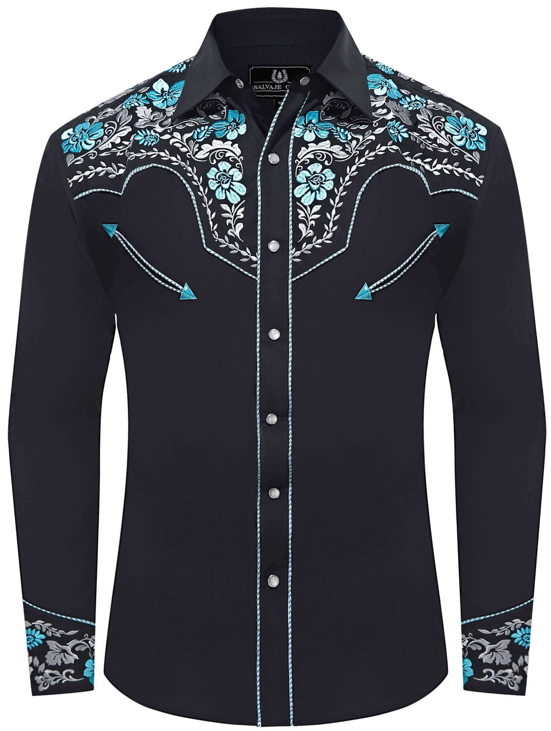 Black and blue floral embroidered men's western pearl snap shirt - front view