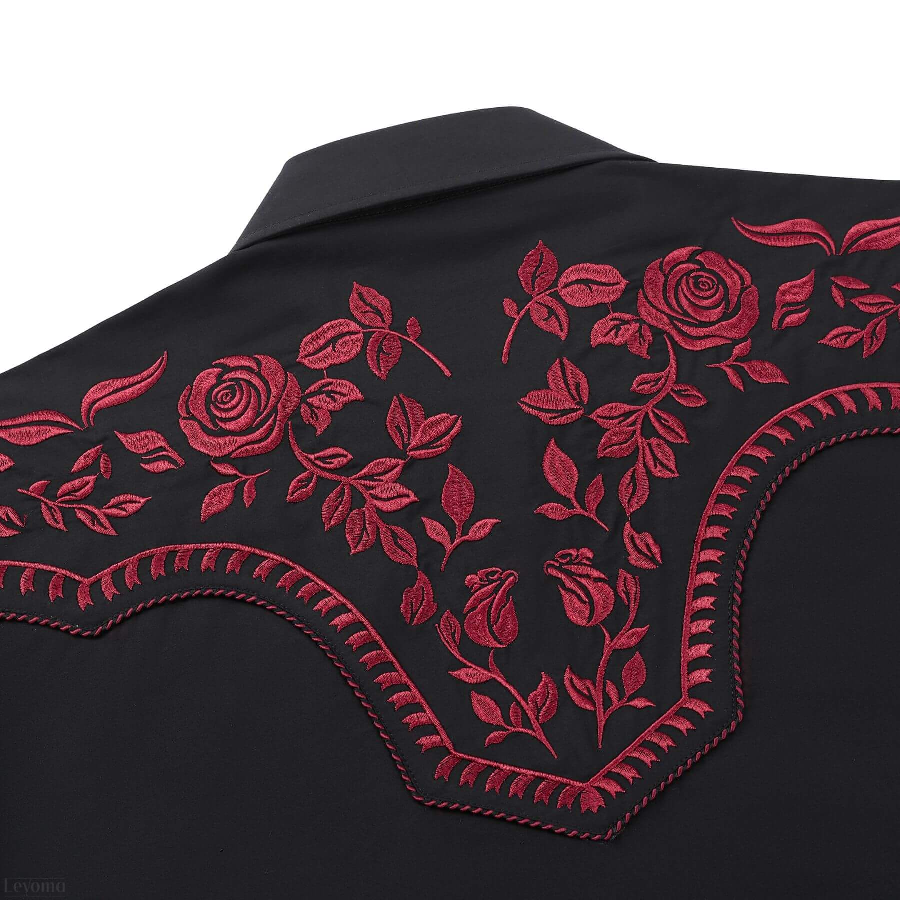 Leyoma Men's Embroidered Western Button Up Shirt Gran Valor Salvaje Oeste Back Yoke Embroidery Detail, X003QRX949-28-black-red-S, X003QRX7KF-28-black-red-M, X003QS2X6D-28-black-red-L, X003QRX70F-28-black-red-XL, X003QS4JGP-28-black-red-XXL, X003QS2SDV-28-black-red-3XL