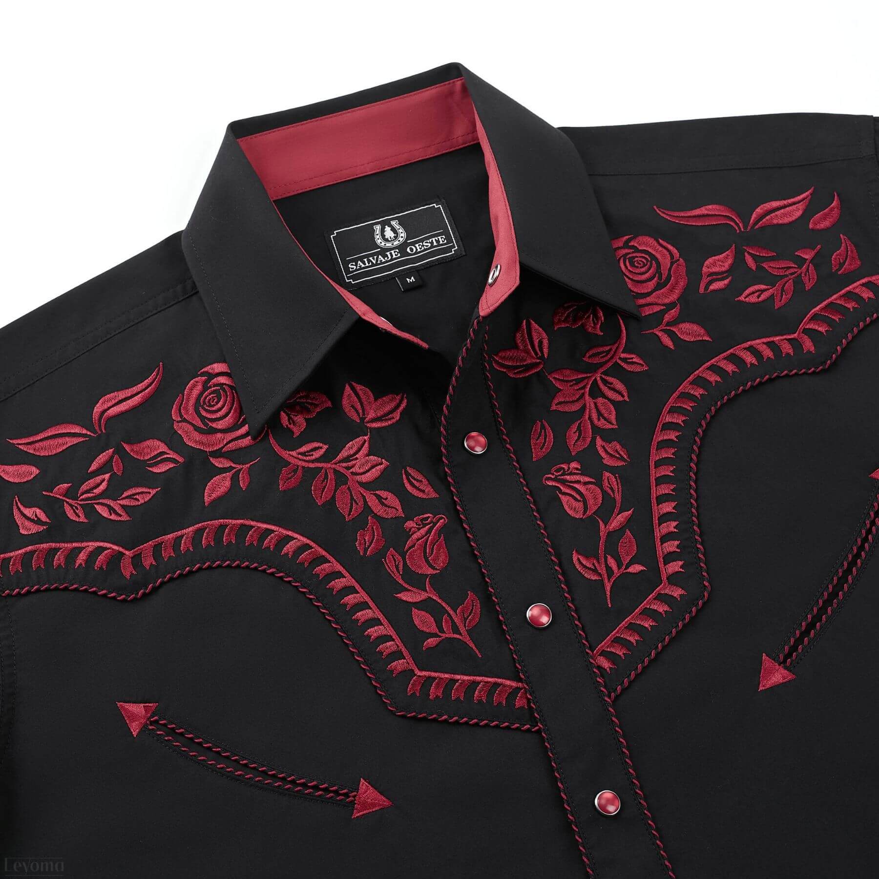 Leyoma Men's Embroidered Western Button Up Shirt Gran Valor Salvaje Oeste Front Yoke Embroidery Detail, X003QRX949-28-black-red-S, X003QRX7KF-28-black-red-M, X003QS2X6D-28-black-red-L, X003QRX70F-28-black-red-XL, X003QS4JGP-28-black-red-XXL, X003QS2SDV-28-black-red-3XL