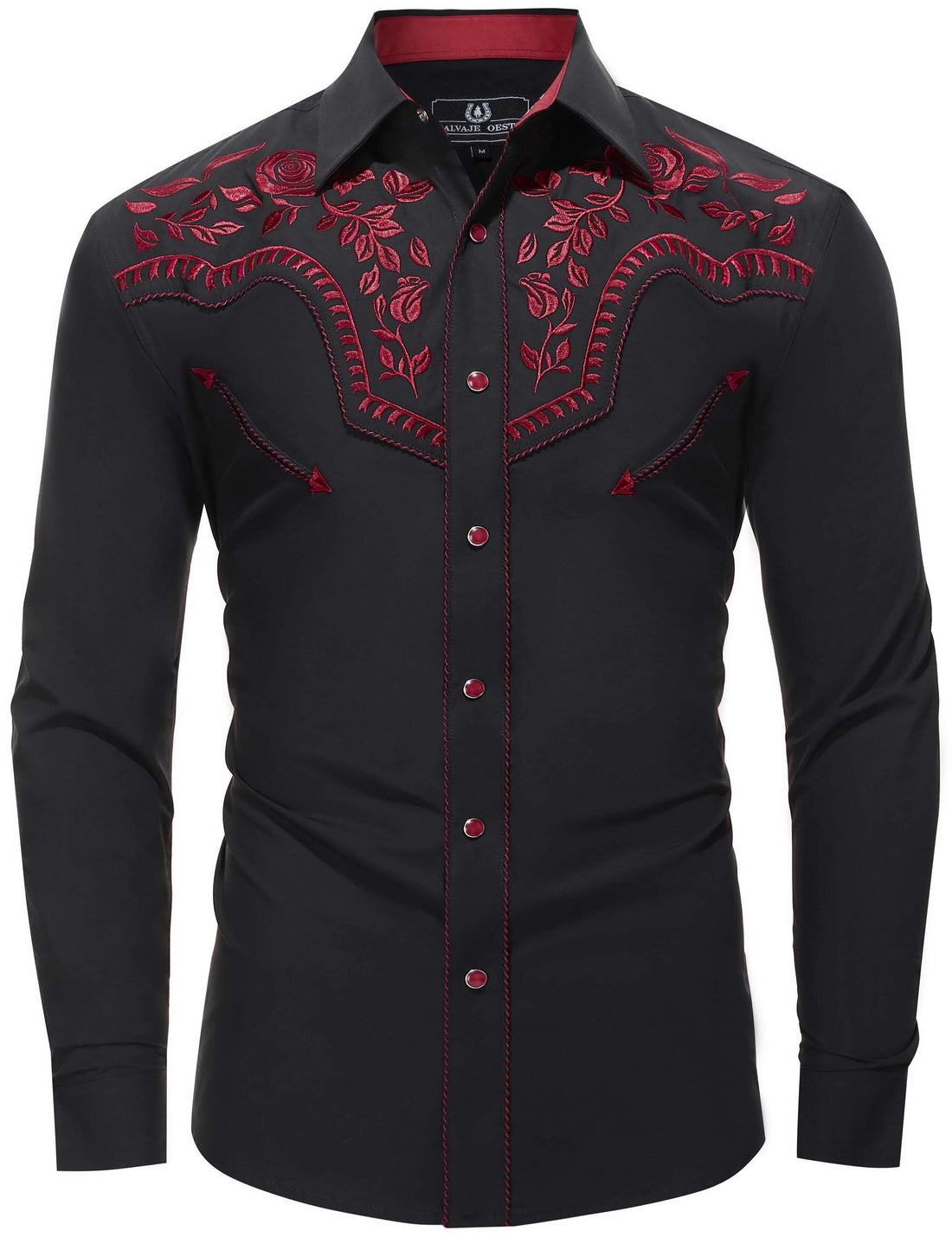 Black and red floral embroidered men's western pearl snap shirt - front view