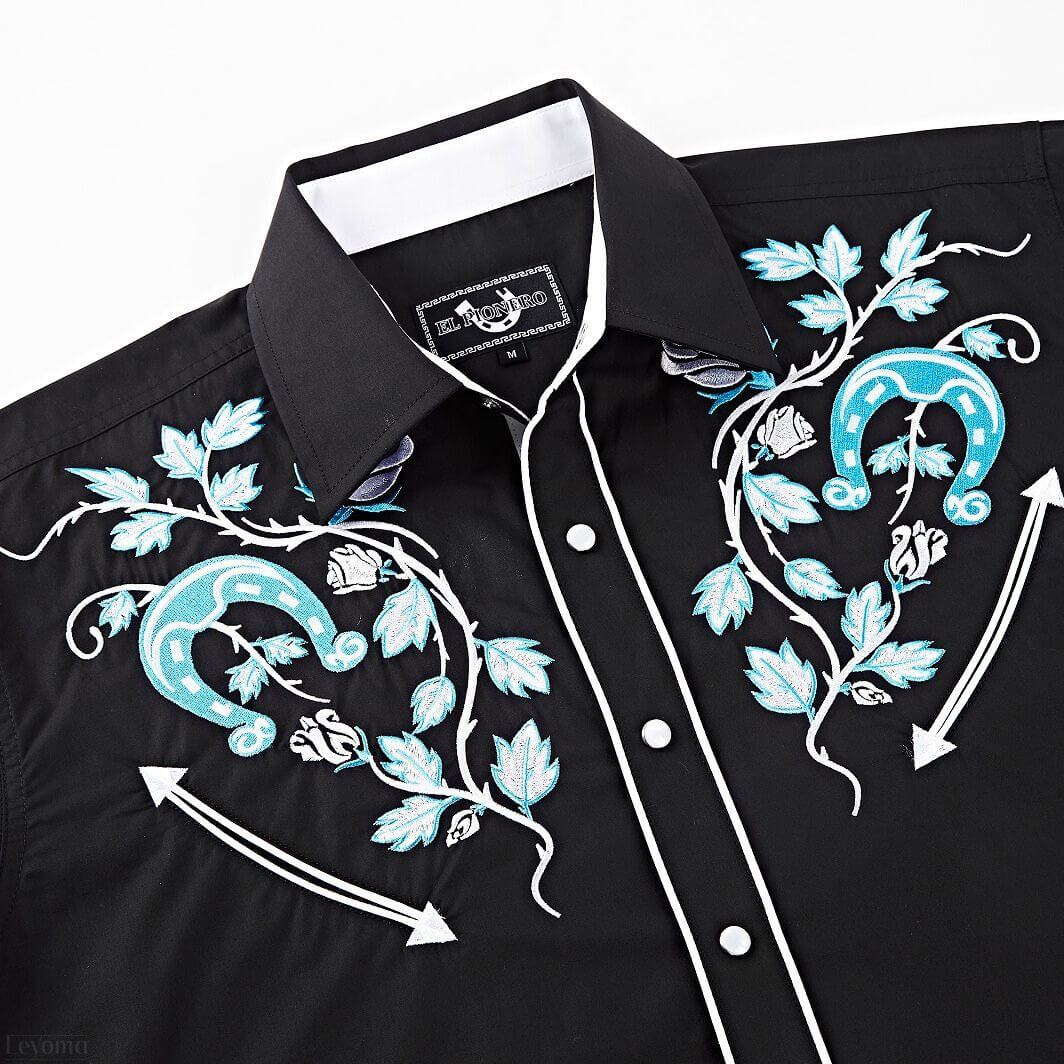 Leyoma Men's Embroidered Western Button Up Shirt Lucky Mustang El Pionero Front Yoke Embroidery Detail, X003AAA008-14-black-b-S, X003AAA008-14-black-b-M, X003AAA008-14-black-b-L, X003AAA008-14-black-b-XL, X003AAA008-14-black-b-XXL, X003AAA008-14-black-b-3XL