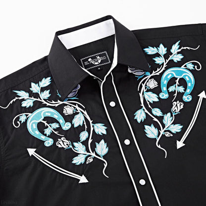 Leyoma Men's Embroidered Western Button Up Shirt Lucky Mustang El Pionero Front Yoke Embroidery Detail, X003AAA008-14-black-b-S, X003AAA008-14-black-b-M, X003AAA008-14-black-b-L, X003AAA008-14-black-b-XL, X003AAA008-14-black-b-XXL, X003AAA008-14-black-b-3XL