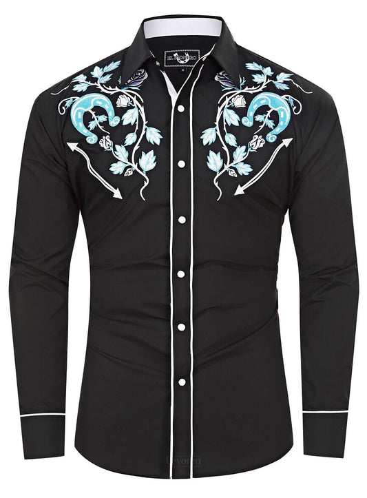 Leyoma Men's Embroidered Western Button Up Shirt Lucky Mustang El Pionero Full Front