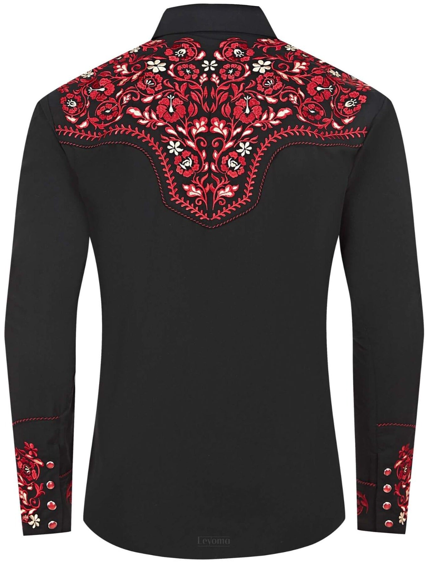 Leyoma Men's Embroidered Western Button Up Shirt Midnight Rose Salvaje Oeste Full Back, X003AKU9R7-27-black-red-S, X003AKSAL9-27-black-red-M, X003AKUCPV-27-black-red-L, X003AKSAKZ-27-black-red-XL, X003AKU9RH-27-black-red-XXL, X003AKU9RR-27-black-red-3XL