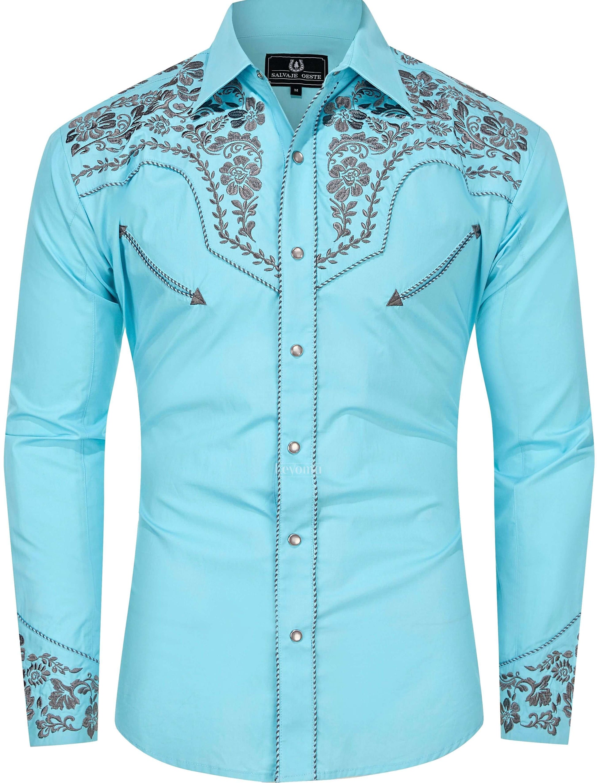 Men's Aqua Silver Floral Embroidered Western Pearl Snap Cowboy
