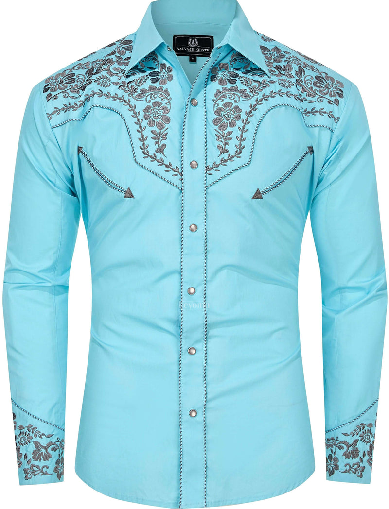 Montana Sky-Blue Men's Embroidered Western Pearl Snap Shirt