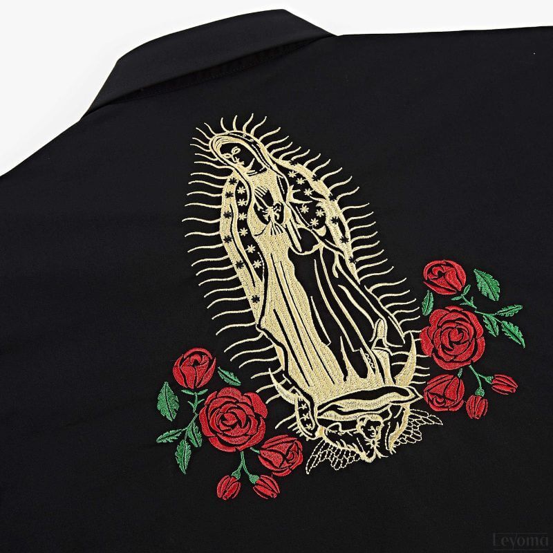 Leyoma Men's Embroidered Western Button Up Shirt Mother Mary Salvaje Oeste Back Yoke Embroidery Detail, X003DOSMZL-32-black-S, X003DOLP6J-32-black-M, X003DOLTGP-32-black-L, X003DOLP2N-32-black-XL, X003DOOWPZ-32-black-XXL, X003DOLPCD-32-black-3XL