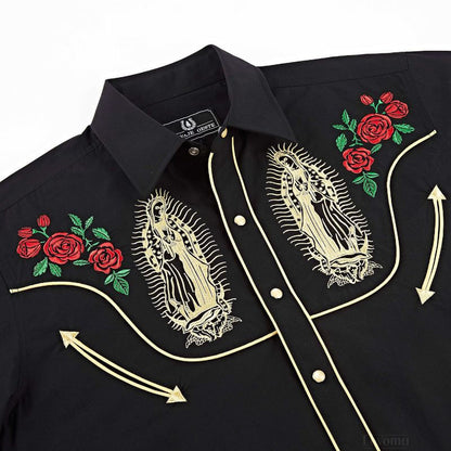 Leyoma Men's Embroidered Western Button Up Shirt Mother Mary Salvaje Oeste Front Yoke Embroidery Detail, X003DOSMZL-32-black-S, X003DOLP6J-32-black-M, X003DOLTGP-32-black-L, X003DOLP2N-32-black-XL, X003DOOWPZ-32-black-XXL, X003DOLPCD-32-black-3XL