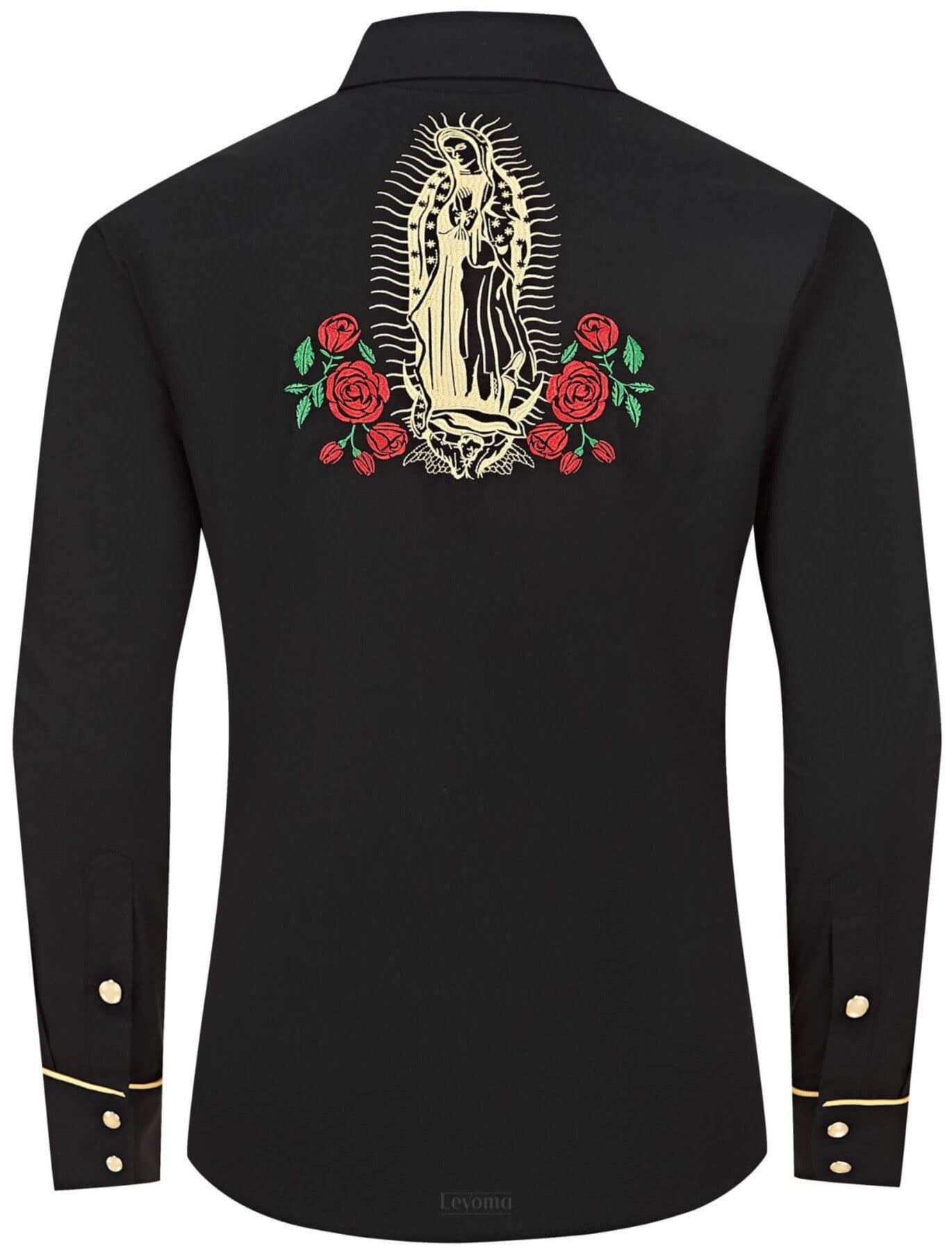 Leyoma Men's Embroidered Western Button Up Shirt Mother Mary Salvaje Oeste Full Back, X003DOSMZL-32-black-S, X003DOLP6J-32-black-M, X003DOLTGP-32-black-L, X003DOLP2N-32-black-XL, X003DOOWPZ-32-black-XXL, X003DOLPCD-32-black-3XL