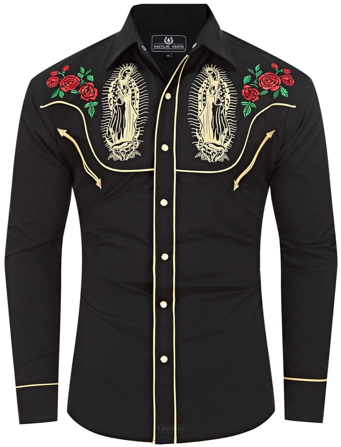 Men’s Black & Gold Virgin Mary Embroidered Western Pearl Snap Shirt