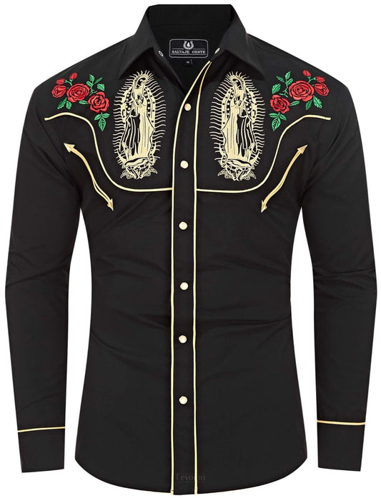 Leyoma Men's Embroidered Western Button Up Shirt Mother Mary Salvaje Oeste Full Front