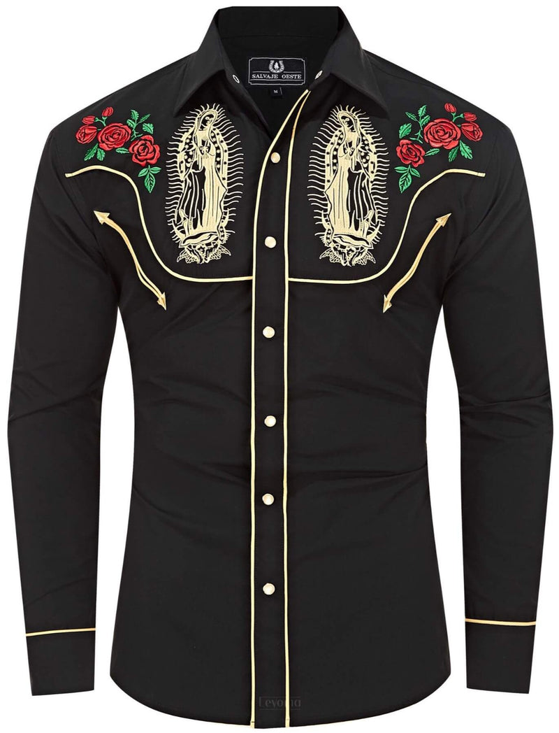 Mother Mary Black Men's Embroidered Western Pearl Snap Shirt
