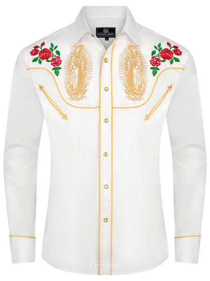 Men's White & Gold Mother Mary Embroidered Western Cowboy Shirt Leyoma Men's White & Gold Mother Mary Embroidered Western Cowboy Shirt Leyoma