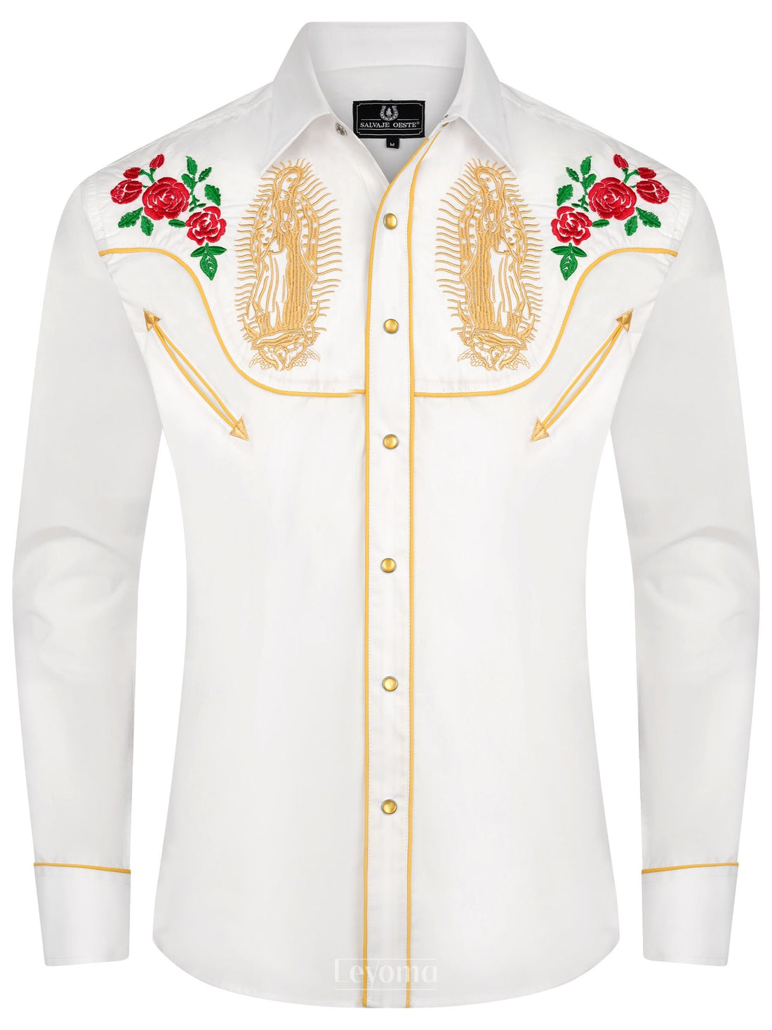 White Virgin of Guadalupe embroidered men's western pearl snap shirt - front view
