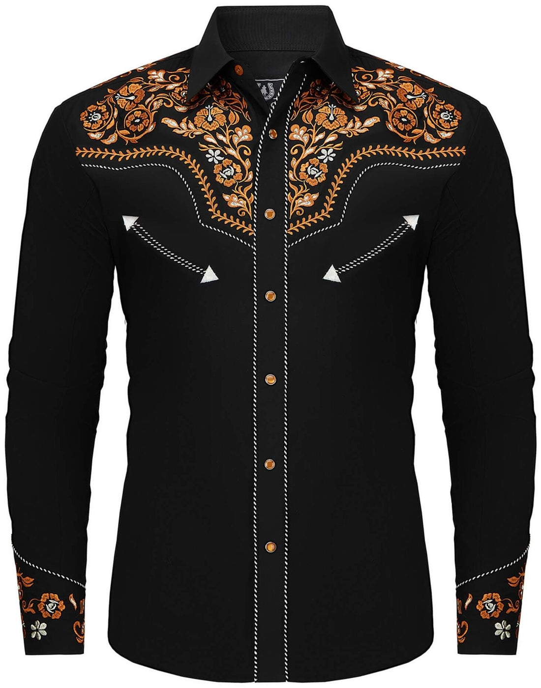 Black and orange floral embroidered men's western pearl snap shirt - front view