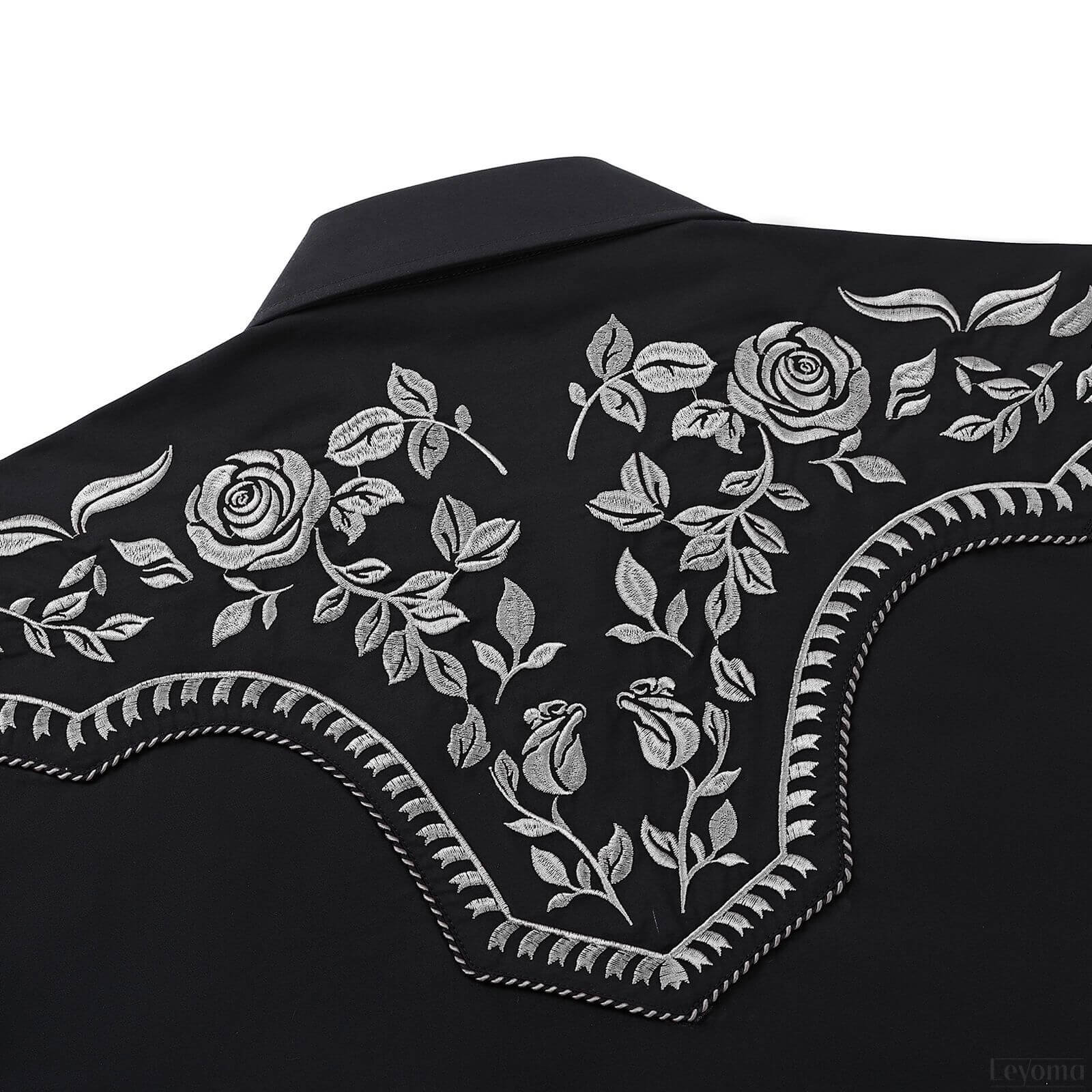 Leyoma Men's Embroidered Western Button Up Shirt Prairie Wind Salvaje Oeste Back Yoke Embroidery Detail, X003QS3ACT-28-black-white-S, X003QS3APL-28-black-white-M, X003QS384J-28-black-white-L, X003QS0SBF-28-black-white-XL, X003QS2ZRZ-28-black-white-XXL, X003QS0R9X-28-black-white-3XL