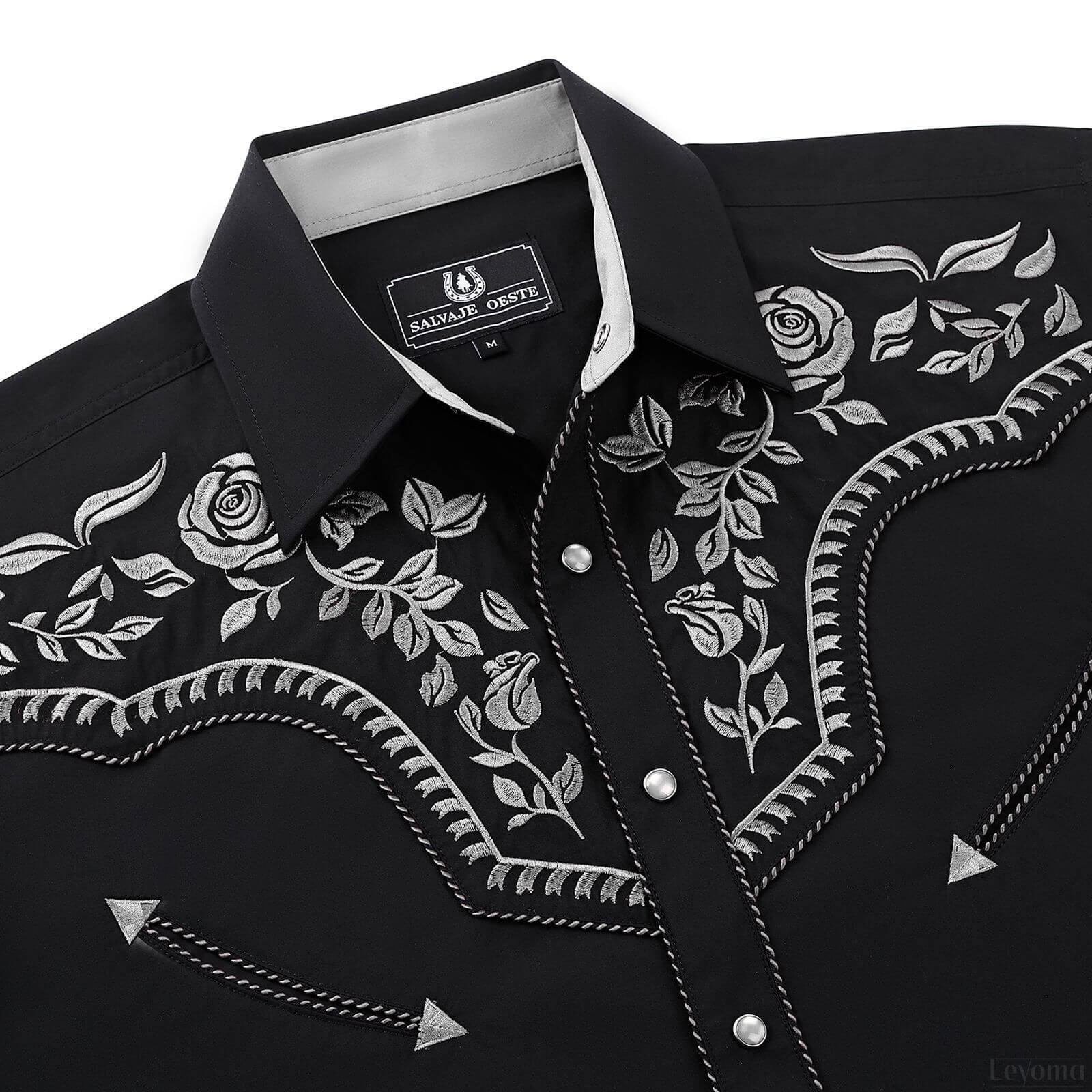 Leyoma Men's Embroidered Western Button Up Shirt Prairie Wind Salvaje Oeste Front Yoke Embroidery Detail, X003QS3ACT-28-black-white-S, X003QS3APL-28-black-white-M, X003QS384J-28-black-white-L, X003QS0SBF-28-black-white-XL, X003QS2ZRZ-28-black-white-XXL, X003QS0R9X-28-black-white-3XL