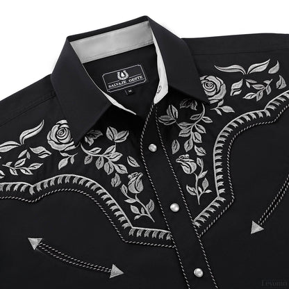 Leyoma Men's Embroidered Western Button Up Shirt Prairie Wind Salvaje Oeste Front Yoke Embroidery Detail, X003QS3ACT-28-black-white-S, X003QS3APL-28-black-white-M, X003QS384J-28-black-white-L, X003QS0SBF-28-black-white-XL, X003QS2ZRZ-28-black-white-XXL, X003QS0R9X-28-black-white-3XL