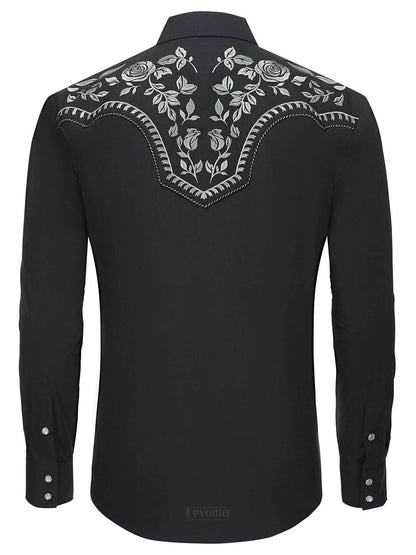 Leyoma Men's Embroidered Western Button Up Shirt Prairie Wind Salvaje Oeste Full Back, X003QS3ACT-28-black-white-S, X003QS3APL-28-black-white-M, X003QS384J-28-black-white-L, X003QS0SBF-28-black-white-XL, X003QS2ZRZ-28-black-white-XXL, X003QS0R9X-28-black-white-3XL