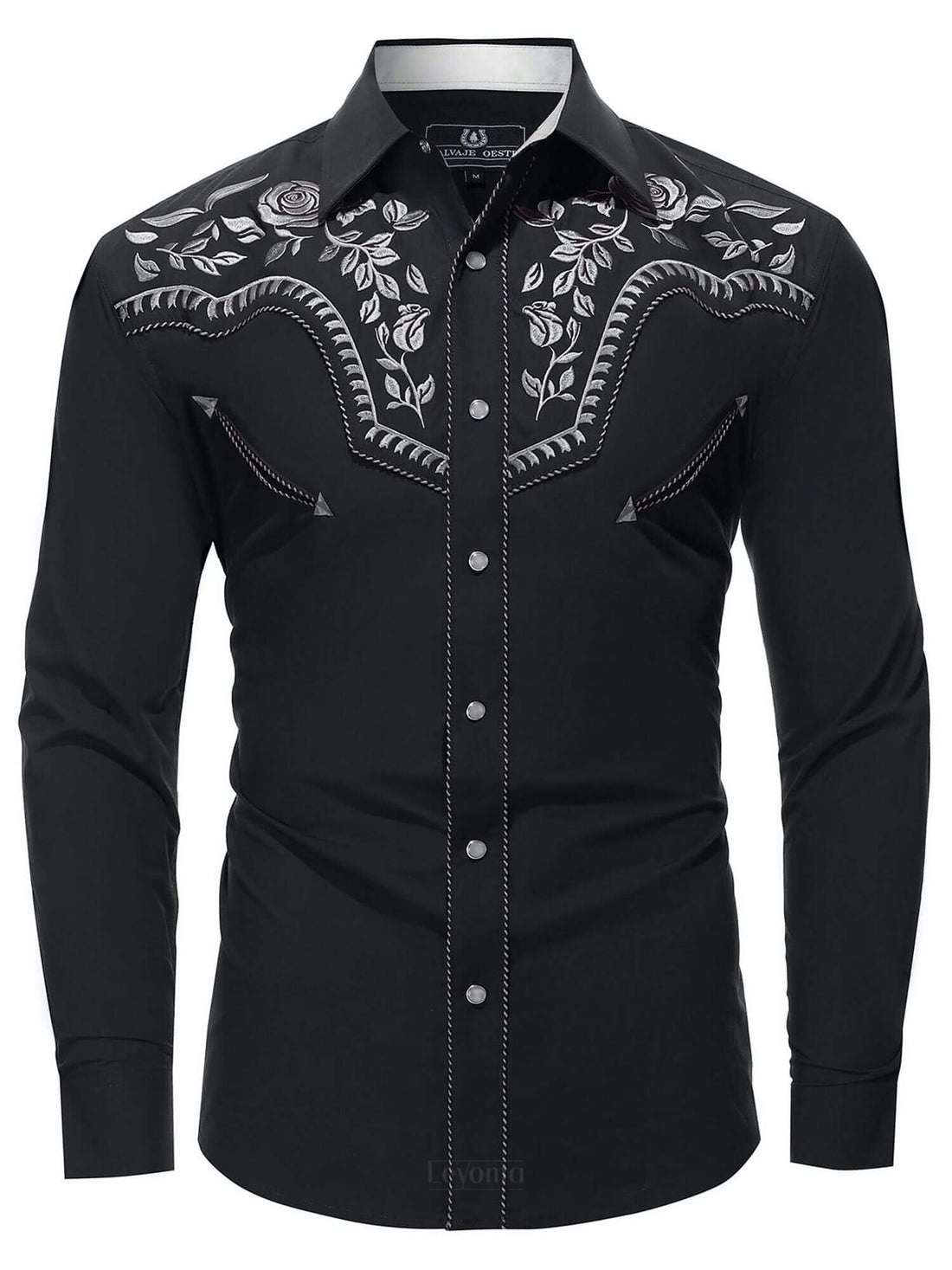 Black and white floral embroidered men's western pearl snap shirt - front view