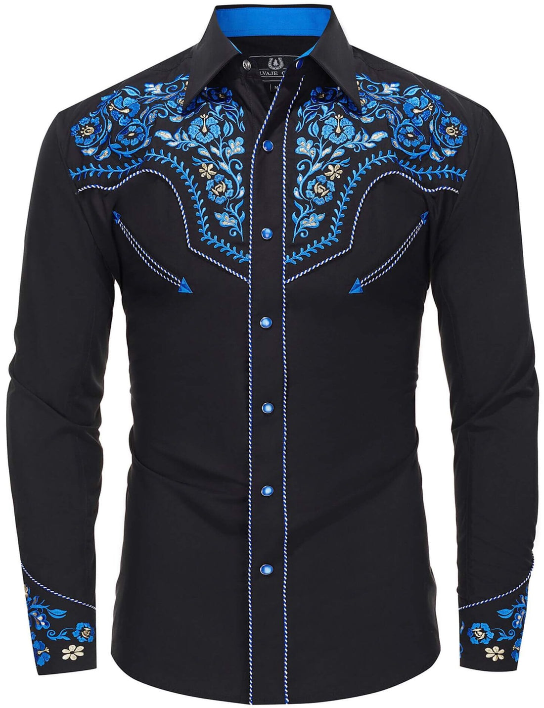 Black and blue floral embroidered men's western pearl snap shirt - front view