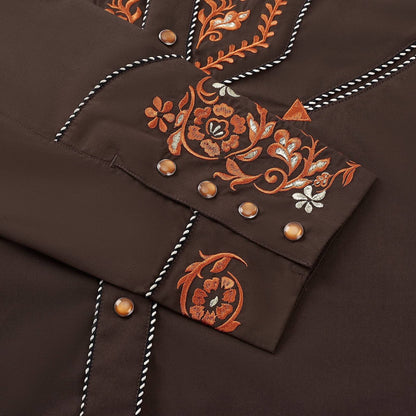 Saddle Brown Men's Embroidered Western Pearl Snap Shirt