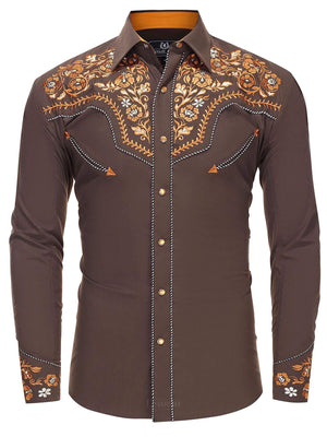 Saddle Brown Men's Embroidered Western Pearl Snap Shirt