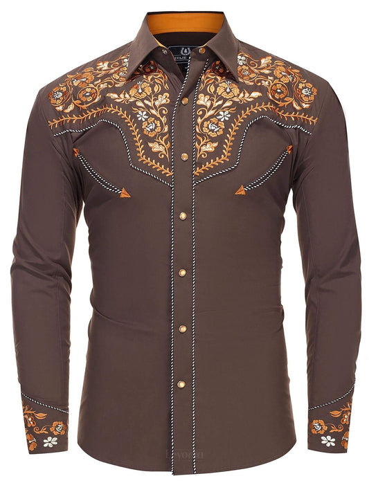 Leyoma Men's Embroidered Western Button Up Shirt Saddle Brown Salvaje Oeste Full Front