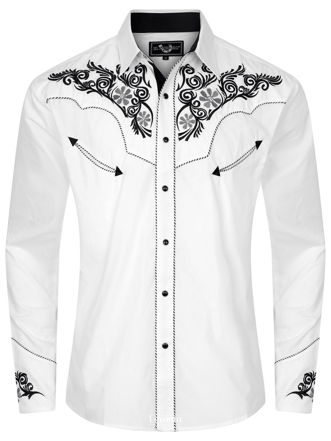 White floral embroidered men's western pearl snap shirt - front view