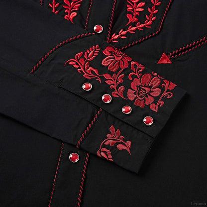 Leyoma Men's Embroidered Western Button Up Shirt The Brave Bronco Salvaje Oeste Cuff and Snaps Embroidery Detail, X003E8VY9R-31-black-red-S, X003E97WV5-31-black-red-M, X003E8W7O3-31-black-red-L, X003E8ZSBR-31-black-red-XL, X003E97N9B-31-black-red-XXL, X003E92LNJ-31-black-red-3XL