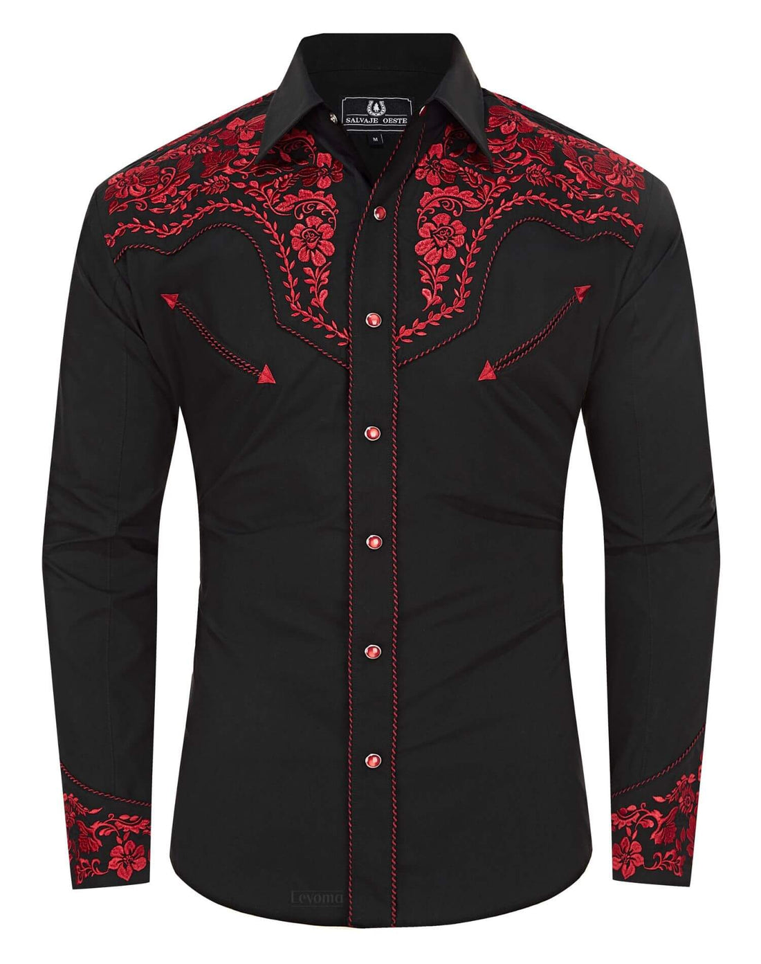 Black and red floral embroidered men's western pearl snap shirt - front view